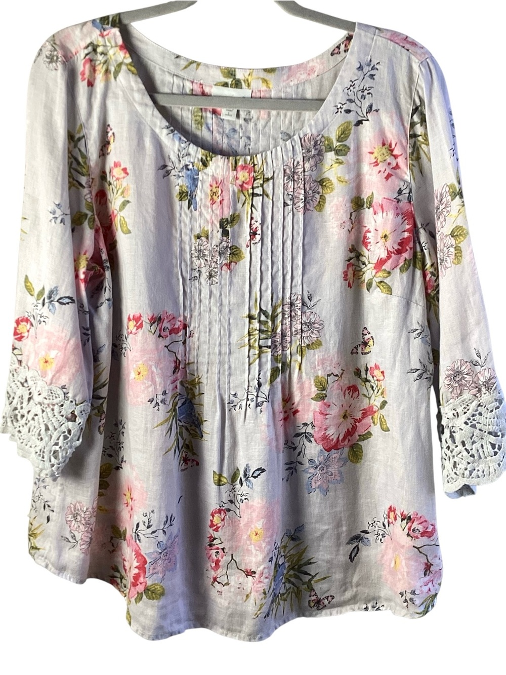 J. Jill Floral Pintuck Blouse - Pink, Green, Blue on White 100% Linen